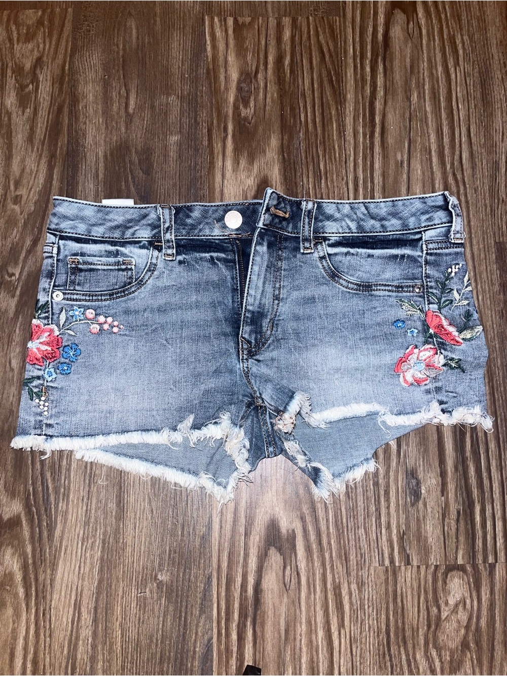 Express Embroidered Distressed Denim Shorts - Light Blue with Pink & Blue Floral